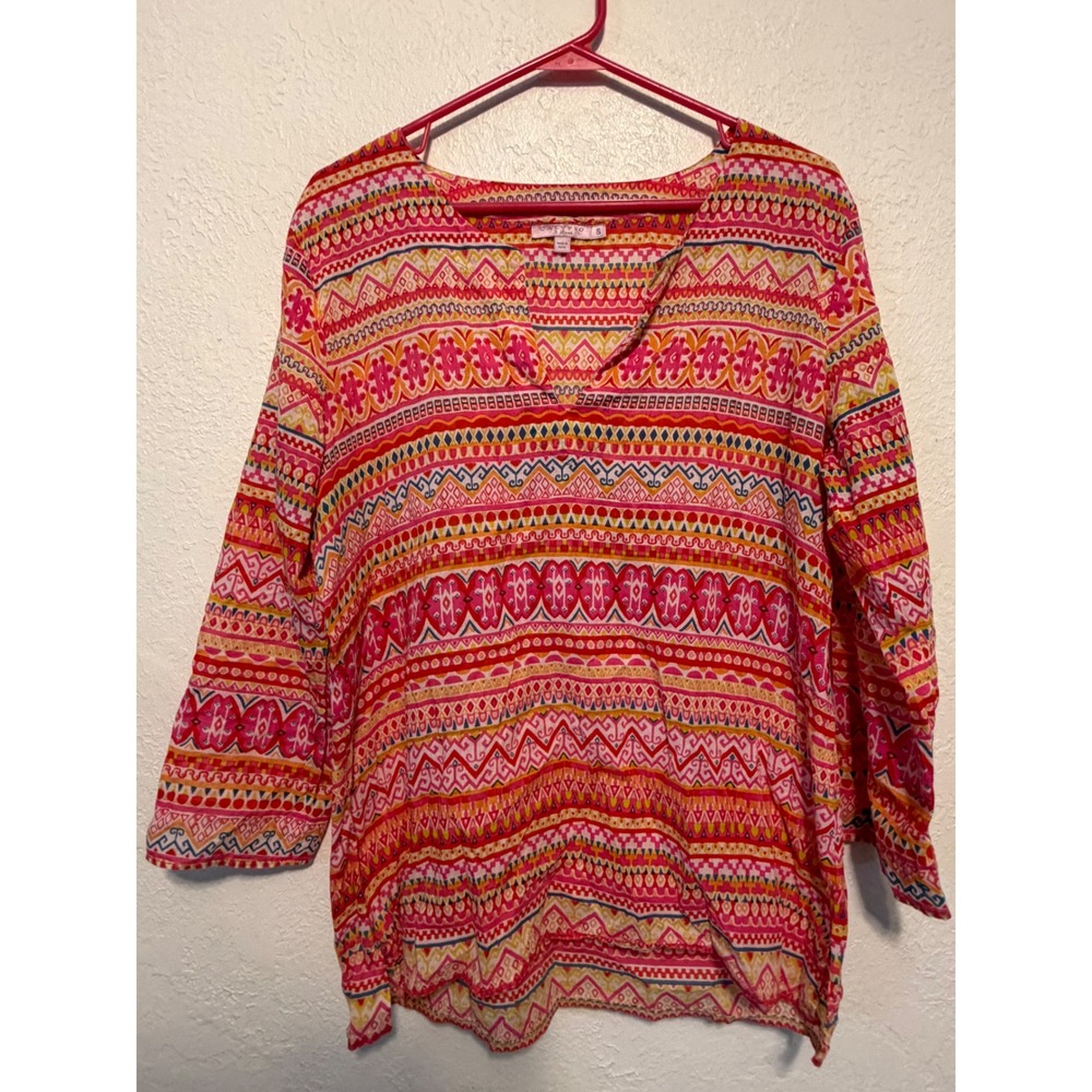 Calypso St Barth Pink Orange Geometric Tribal Print Split Neck Tunic Top Small